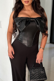 Black Sexy Solid Color Cross Straps Bow Decor Strapless Tops