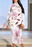 Beige Elegant Floral Print Contrast Turtleneck Printed Dresses