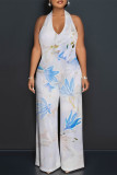 Grey Sexy Floral Print Pocket Backless Halter Loose Jumpsuits
