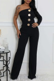 Black Casual Daily Elegant Solid Color Backless Oblique Collar Bodycon Jumpsuits