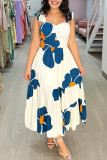 White Casual Daily Vacation Floral Print Hollow Out Backless Square Neck Long Dresses