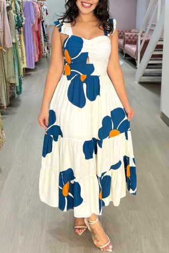 White Casual Daily Vacation Floral Print Hollow Out Backless Square Neck Long Dresses