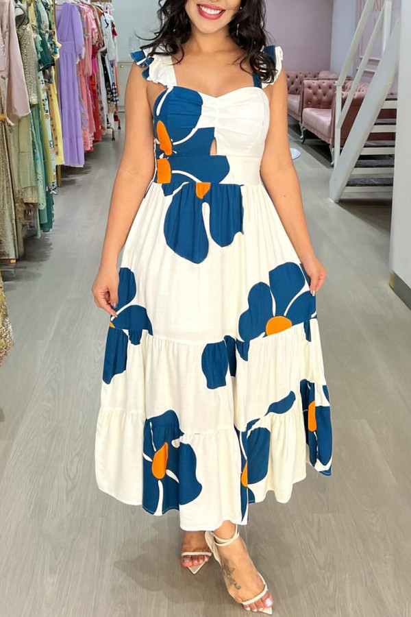 White Casual Daily Vacation Floral Print Hollow Out Backless Square Neck Long Dresses