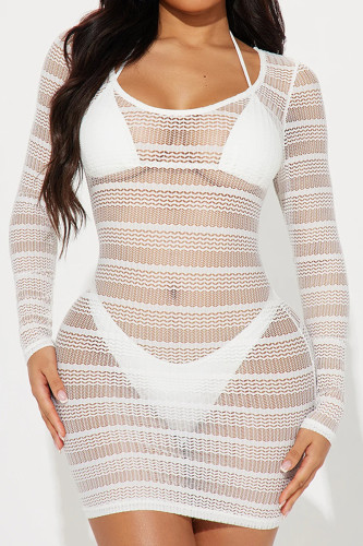 White Sexy Solid Color See-Through Swimsuit Three Piece Set