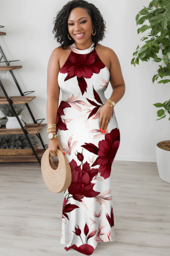 Burgundy Sexy Floral Print Contrast O Neck Printed Dresses