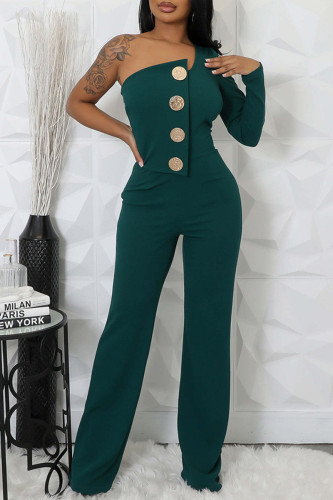Ink Green Casual Daily Elegant Solid Color Backless Oblique Collar Bodycon Jumpsuits