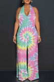 Orange Casual Gradient Print Tie Dye Pocket Backless Contrast Halter Loose Jumpsuits