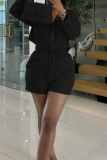 Black Casual Solid Color Buckle Patchwork Turndown Collar Long Sleeve Two Pieces