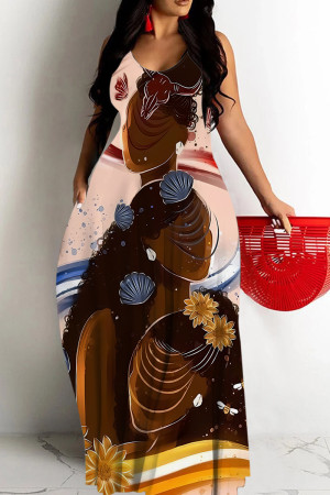 Pink Sexy Graffiti Print portrait Pocket Contrast U Neck Sling Dresses