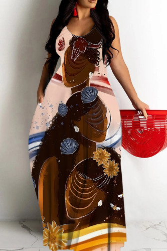 Pink Sexy Graffiti Print portrait Pocket Contrast U Neck Sling Dresses