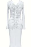 White Elegant Solid Color Patchwork Ruched Flower Shape V Neck Wrapped Skirt Dresses