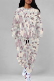 Green Casual Leopard Print Pocket Contrast O Neck Long Sleeve Two Pieces
