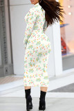 Beige Elegant Floral Print Contrast Turtleneck Printed Dresses