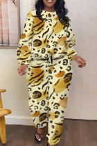 Golden Yellow Casual Leopard Print Pocket Contrast O Neck Long Sleeve Two Pieces