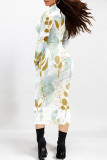 Beige Elegant Floral Print Contrast Turtleneck Printed Dresses