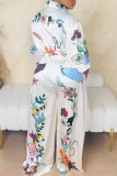 White Casual Print Buckle Patchwork Turndown Collar Half Sleeve Two Pieces