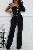 Black Casual Daily Elegant Solid Color Backless Oblique Collar Bodycon Jumpsuits
