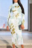 Beige Elegant Floral Print Contrast Turtleneck Printed Dresses