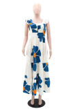White Casual Daily Vacation Floral Print Hollow Out Backless Square Neck Long Dresses