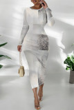 Grey Casual Colorblock National Totem Print Contrast O Neck Printed Dresses