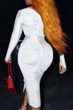 White Elegant Solid Color Patchwork Ruched Flower Shape V Neck Wrapped Skirt Dresses