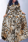 Golden Yellow Casual Snakeskin Print Leopard Tiger Stripes Pocket With Belt Contrast O Neck Printed Dresses