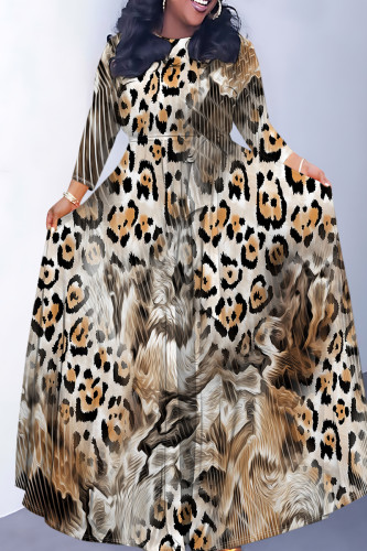Leopard Print Casual Snakeskin Print Leopard Tiger Stripes Pocket With Belt Contrast O Neck Printed Dresses