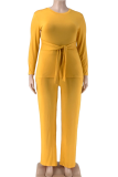 Yellow Casual Solid Color Patchwork Strap Design O Neck Plus Size Two Pieces