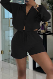 Black Casual Solid Color Buckle Patchwork Turndown Collar Long Sleeve Two Pieces
