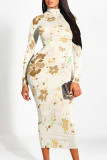 Beige Elegant Floral Print Contrast Turtleneck Printed Dresses