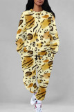 Green Casual Leopard Print Pocket Contrast O Neck Long Sleeve Two Pieces