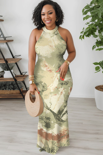 Light Green Sexy Floral Print Contrast O Neck Printed Dresses
