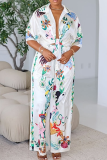 White Casual Print Buckle Patchwork Turndown Collar Half Sleeve Two Pieces