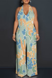Grey Sexy Floral Print Pocket Backless Halter Loose Jumpsuits