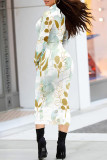 Beige Elegant Floral Print Contrast Turtleneck Printed Dresses