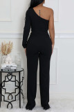 Black Casual Daily Elegant Solid Color Backless Oblique Collar Bodycon Jumpsuits