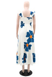 White Casual Daily Vacation Floral Print Hollow Out Backless Square Neck Long Dresses