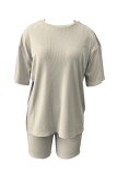 Black Casual Solid Color Patchwork O Neck Short Sleeve Two Pieces