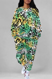 Green Casual Leopard Print Pocket Contrast O Neck Long Sleeve Two Pieces