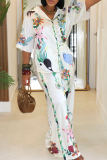 White Casual Print Buckle Patchwork Turndown Collar Half Sleeve Two Pieces