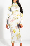 Beige Elegant Floral Print Contrast Turtleneck Printed Dresses