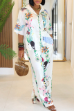 White Casual Print Buckle Patchwork Turndown Collar Half Sleeve Two Pieces