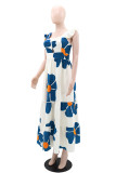 White Casual Daily Vacation Floral Print Hollow Out Backless Square Neck Long Dresses
