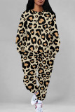 Green Casual Leopard Print Pocket Contrast O Neck Long Sleeve Two Pieces