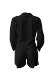 Black Casual Solid Color Buckle Patchwork Turndown Collar Long Sleeve Two Pieces