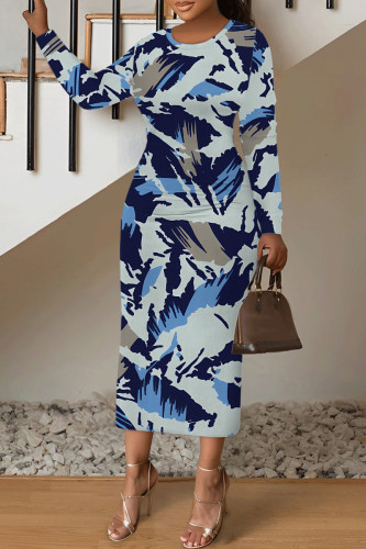Blue Casual Colorblock National Totem Print Contrast O Neck Printed Dresses