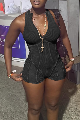 Black Sexy Solid Color Patchwork Deep V Neck Skinny Rompers