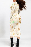 Beige Elegant Floral Print Contrast Turtleneck Printed Dresses