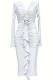 White Elegant Solid Color Patchwork Ruched Flower Shape V Neck Wrapped Skirt Dresses