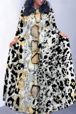 Golden Yellow Casual Snakeskin Print Leopard Tiger Stripes Pocket With Belt Contrast O Neck Printed Dresses
